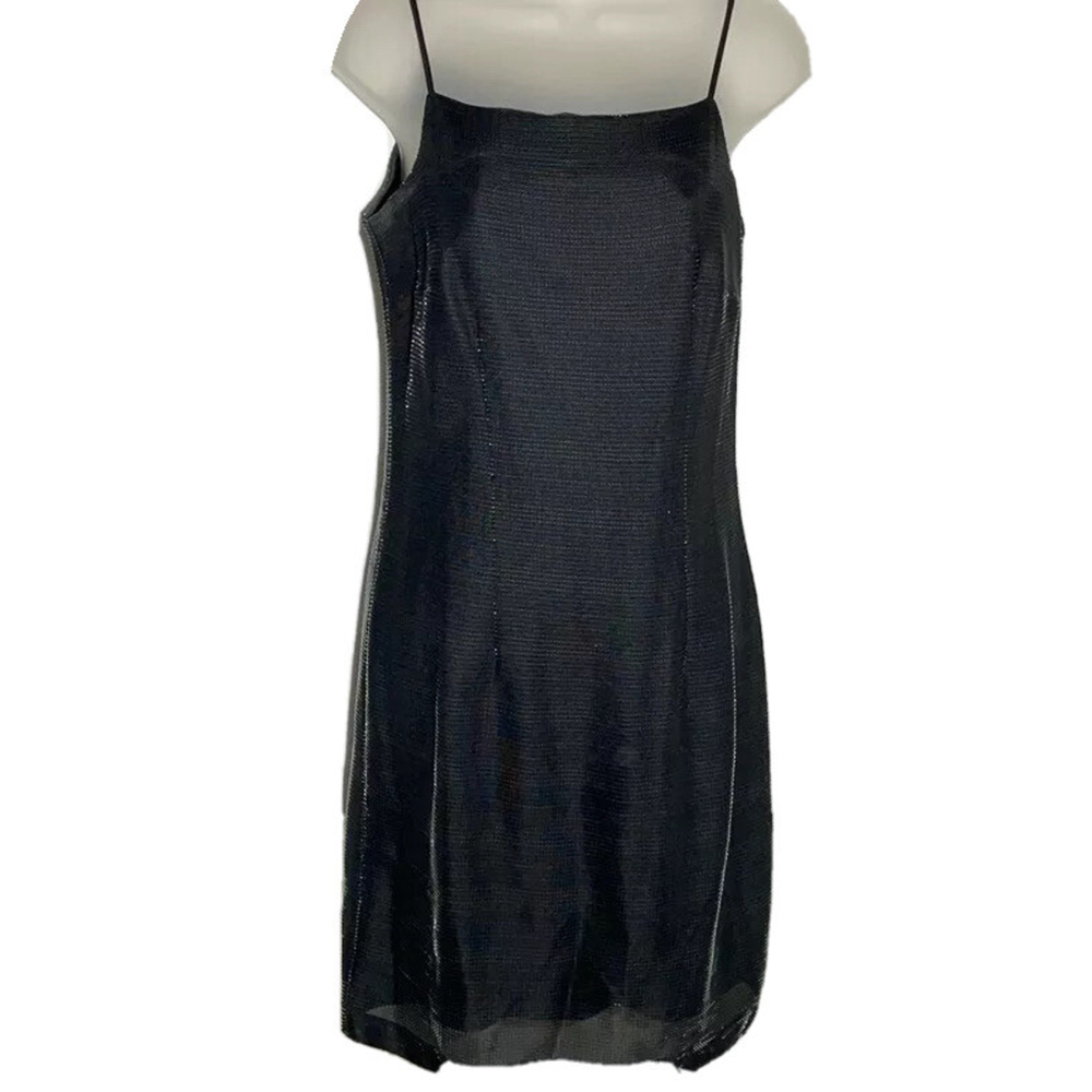 Vintage Huis Clos Black‎ Metallic Mini Dress Size 6 Sleeveless Sheer Overlay Y2K